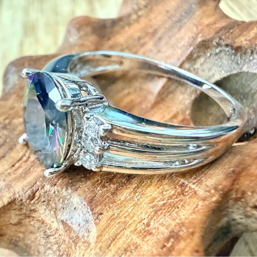 Mystic Topaz Oval Cut Ring With Clear 
Stones Set In Sterling Silver Size 8.5 - Picture 4 of 10